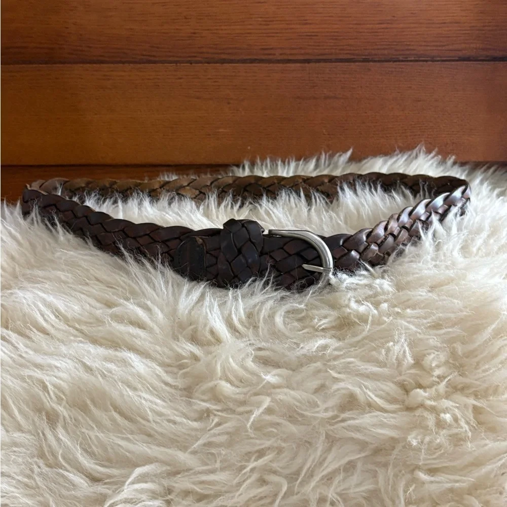 Braided Brown Leather Adjustable Belt with Silver Buckle Unisex